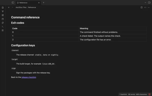 The command reference opened from a cross reference, scrolled to the exit codes.