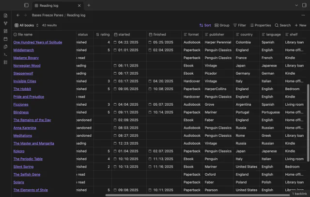 A Reading log base scrolled to the right, where the file name column stays on the left and the other columns slide under it.