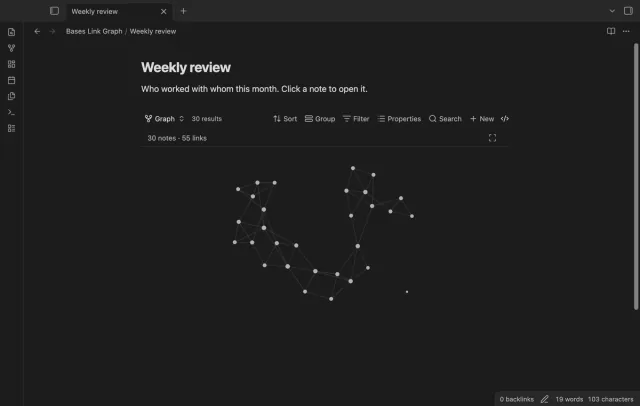 The graph embedded in a note named Weekly review, with the base toolbar above it.