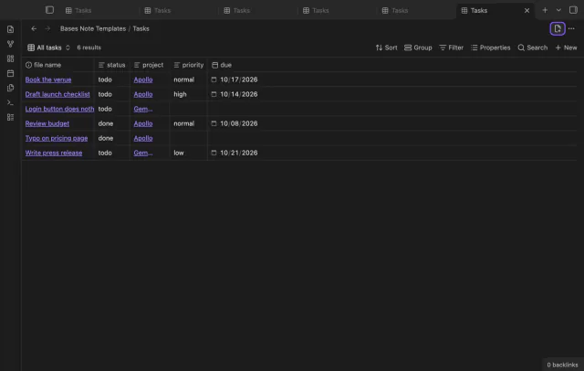 The Tasks base with the New note from template button highlighted in its tab header.