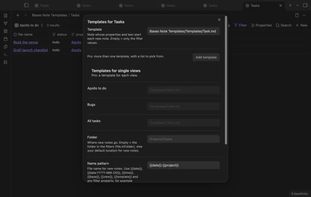 The setup dialog of the Tasks base, with fields for the template, the folder and the name pattern.