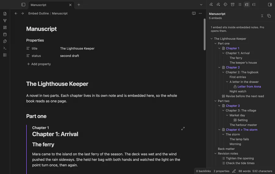 The outline of a manuscript note with its embedded chapters, a click into a chapter, then word counts with Pro