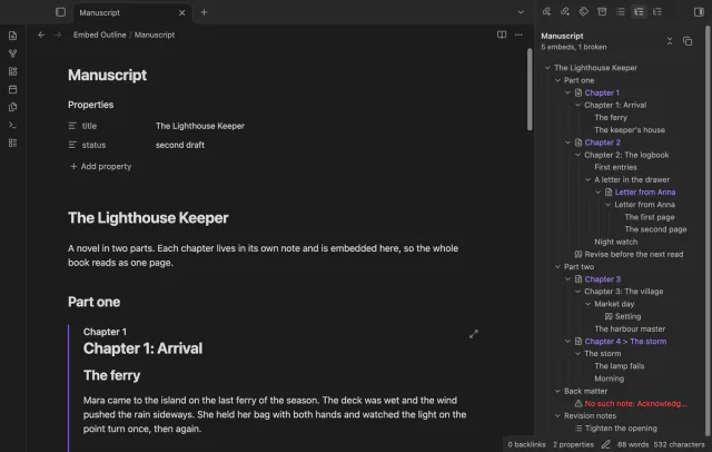 The outline with the letter that Chapter 2 embeds opened one level deeper, with its two headings.