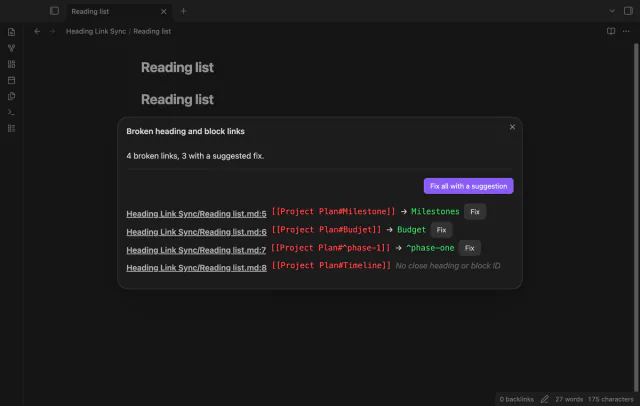 A report of broken heading and block links, each with the closest heading and a Fix button.