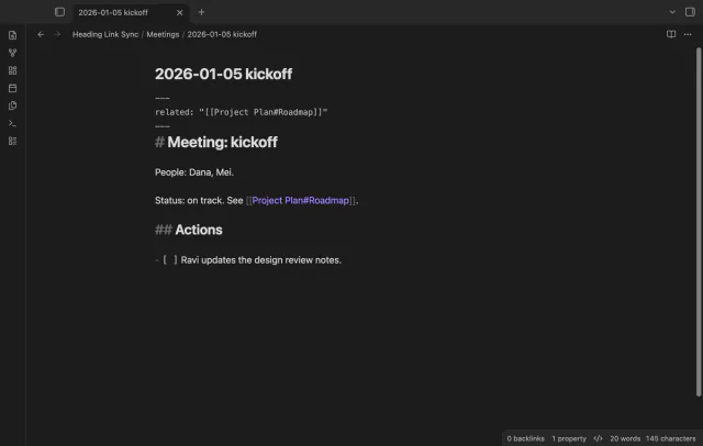 A meeting note where a link in a property and a link in the text now point to the Roadmap heading of Project Plan.