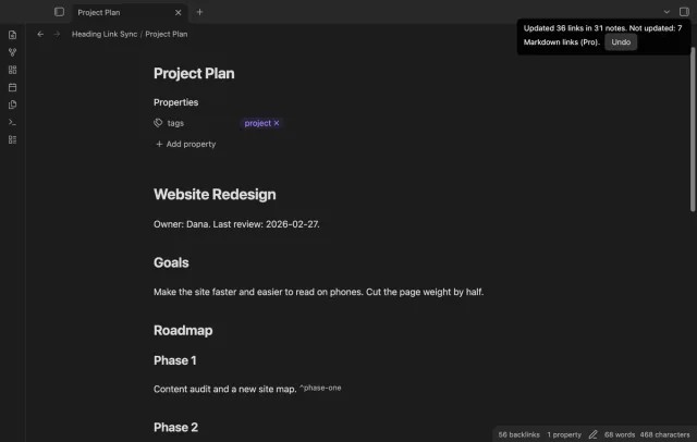 A Project Plan note with the heading Roadmap and a notice that reads Updated 36 links in 31 notes, next to an Undo button.
