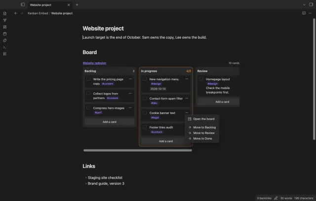 The card menu with the Move to items for the other lanes.