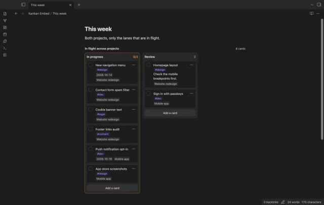 The In progress and Review lanes of two boards merged into one embed.