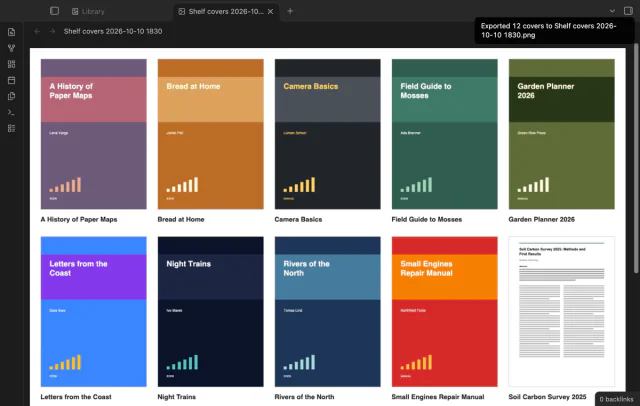 An exported PNG open in a tab, with covers in a grid and a title under each one.