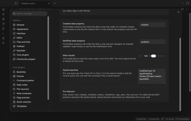 The settings with the two date property fields, the Most results slider and the Saved searches box.