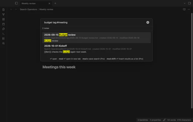 The query budget tag:#meeting with two notes, and the word budget marked in each preview line.